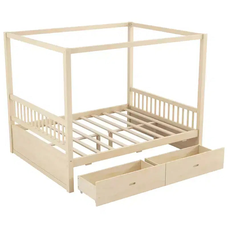 Queen Size Wooden Canopy Bed Frame with 2 Built-in Storage Drawers, Sturdy Durable Construction