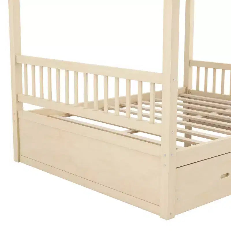 Queen Size Wooden Canopy Bed Frame with 2 Built-in Storage Drawers, Sturdy Durable Construction