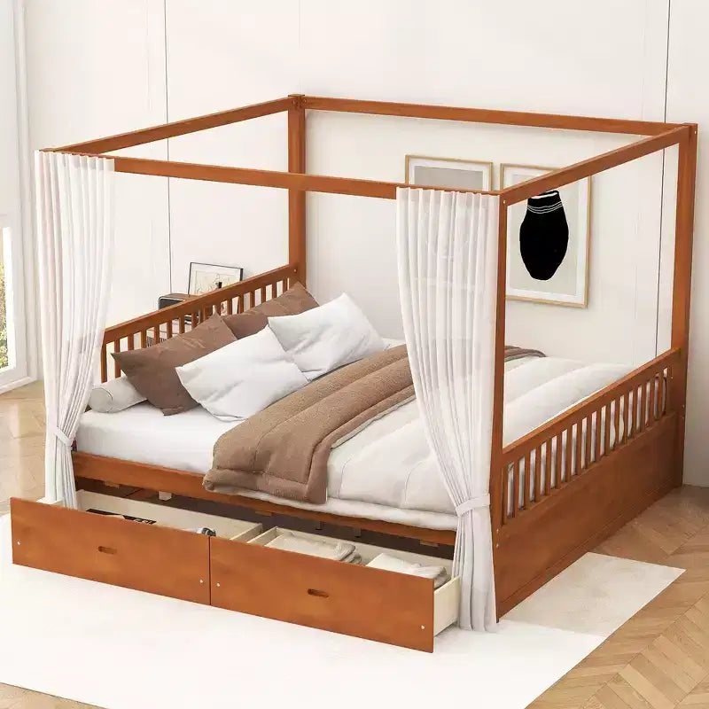 Queen Size Wooden Canopy Bed Frame with 2 Built-in Storage Drawers, Sturdy Durable Construction