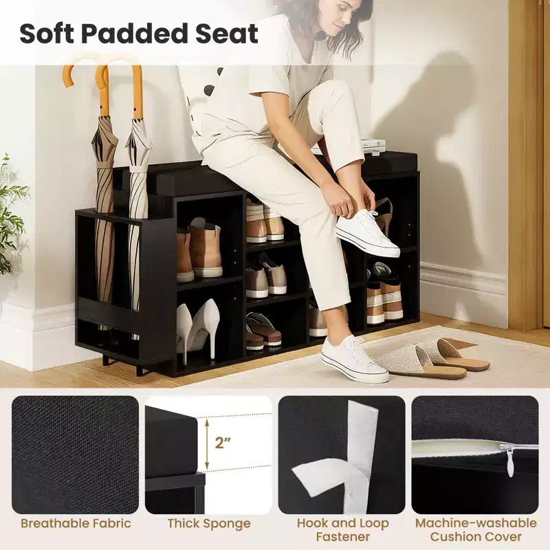Shoe Storage Bench w/Umbrella StandPadded Seat Adjustable & Removable Shelves