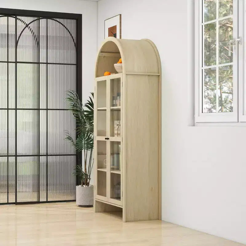 70 Modern Arched Display Cabinet with Glass Doors, Natural Kitchen Storage Cabinet for Dining Room, or Living Room-