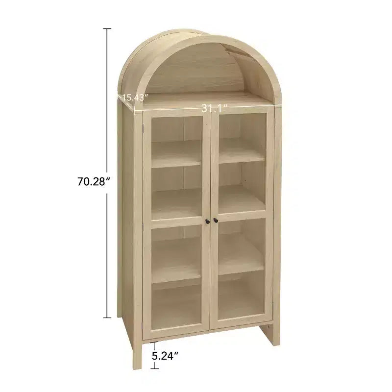 70 Modern Arched Display Cabinet with Glass Doors, Natural Kitchen Storage Cabinet for Dining Room, or Living Room-