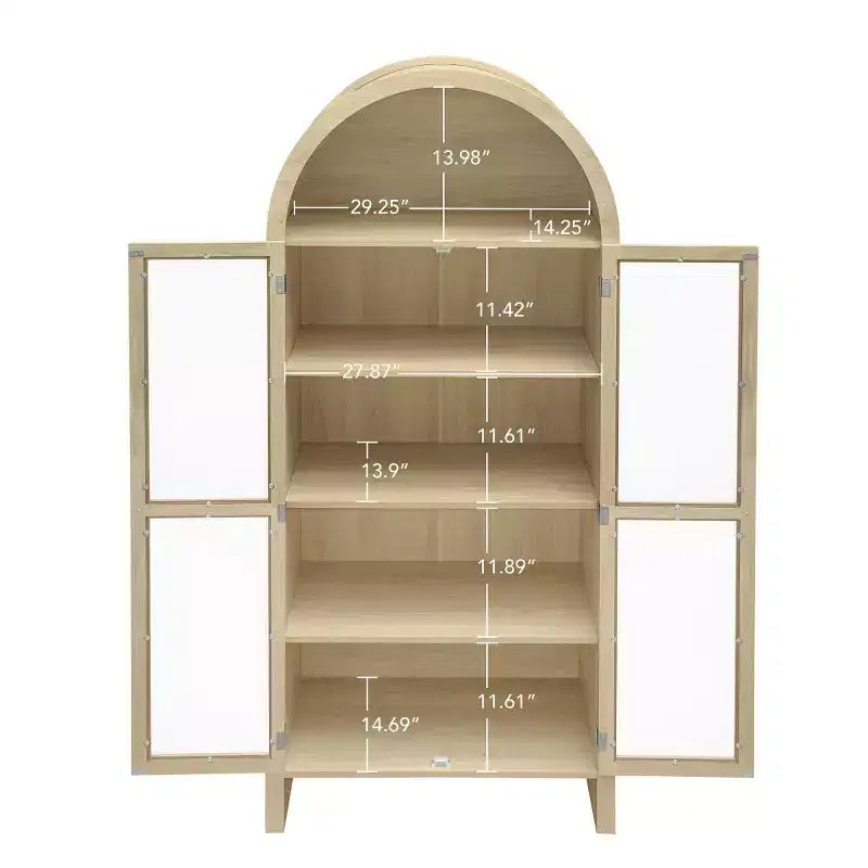 70 Modern Arched Display Cabinet with Glass Doors, Natural Kitchen Storage Cabinet for Dining Room, or Living Room-
