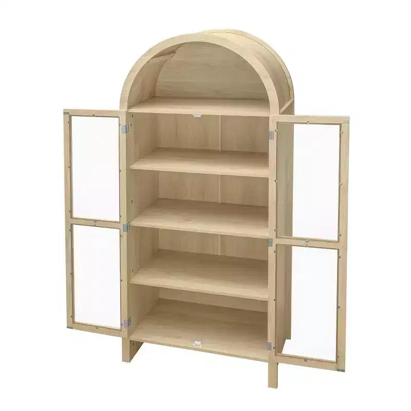 70 Modern Arched Display Cabinet with Glass Doors, Natural Kitchen Storage Cabinet for Dining Room, or Living Room-