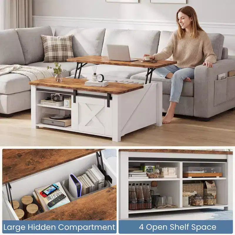 31.5 Lift Top Coffee Table with Large Hidden Storage, Adjustable Shelves, Farmhouse Square Center Table for Living Room, Small Spaces