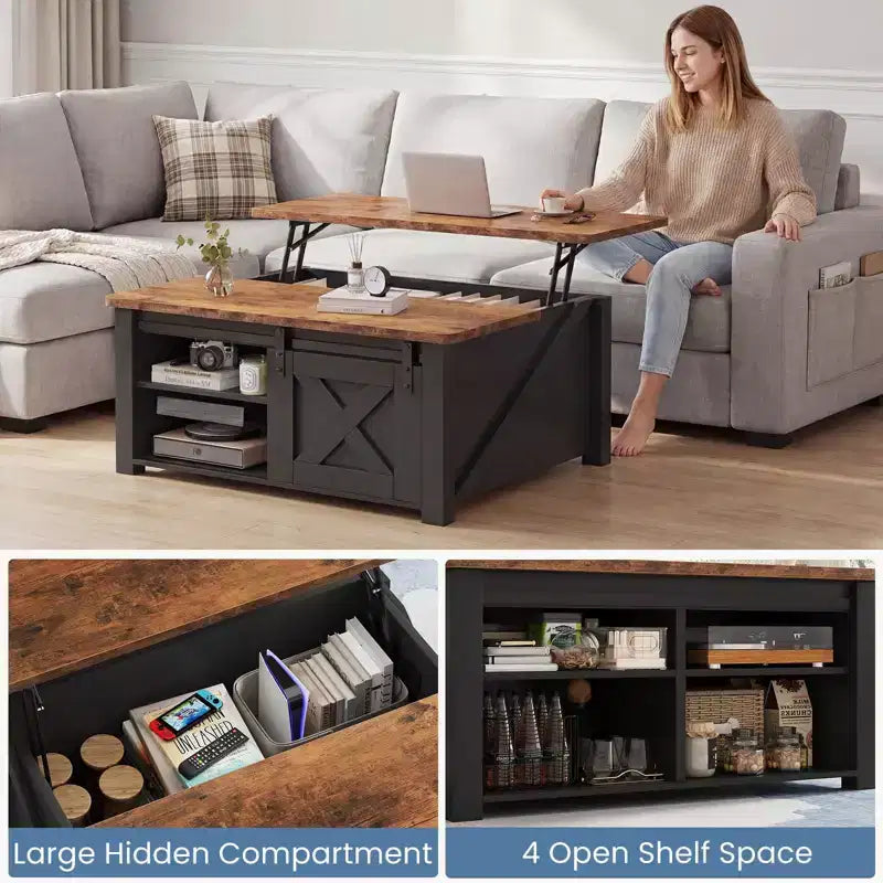 31.5 Lift Top Coffee Table with Large Hidden Storage, Adjustable Shelves, Farmhouse Square Center Table for Living Room, Small Spaces