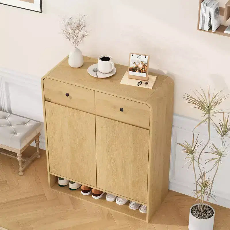 Modern Shoe Storage Cabinet, Wooden Entryway Shoe Organizer with 2 Drawers & Adjustable Shelves, Freestanding Shoe Rack for Living Room Bedroom