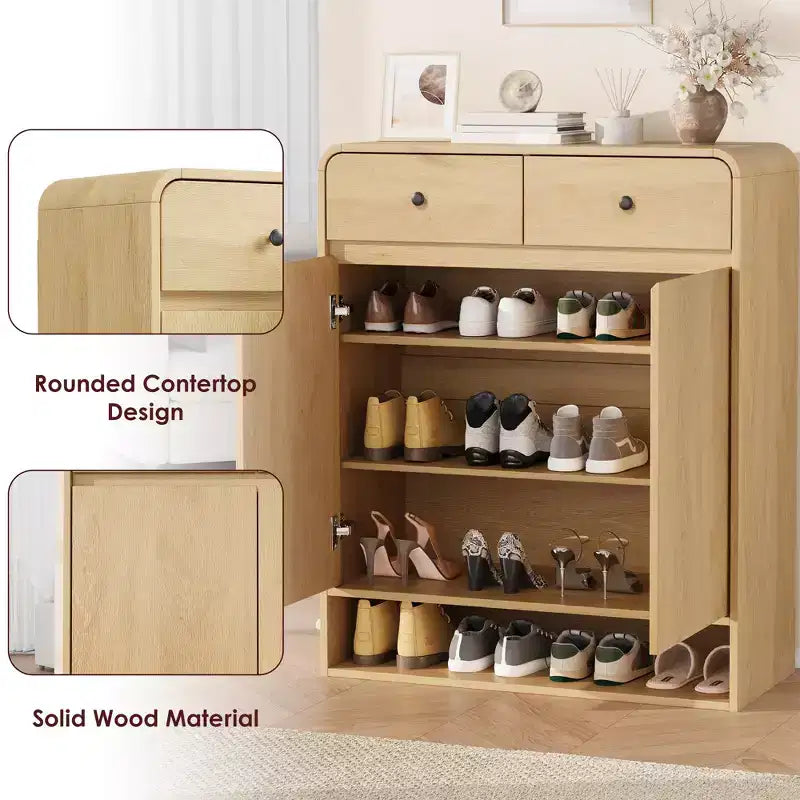 Modern Shoe Storage Cabinet, Wooden Entryway Shoe Organizer with 2 Drawers & Adjustable Shelves, Freestanding Shoe Rack for Living Room Bedroom
