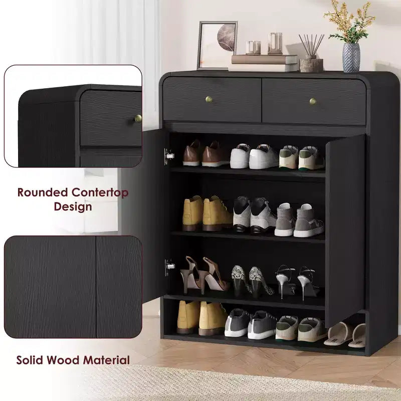 Modern Shoe Storage Cabinet, Wooden Entryway Shoe Organizer with 2 Drawers & Adjustable Shelves, Freestanding Shoe Rack for Living Room Bedroom