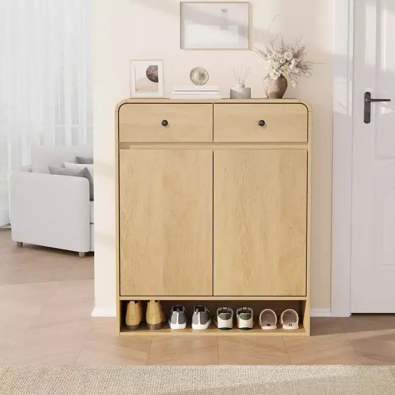 Modern Shoe Storage Cabinet, Wooden Entryway Shoe Organizer with 2 Drawers & Adjustable Shelves, Freestanding Shoe Rack for Living Room Bedroom