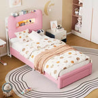 Twin Size Kids Bed Frame with LED Lights, Storage Headboard & Drawer, Pink