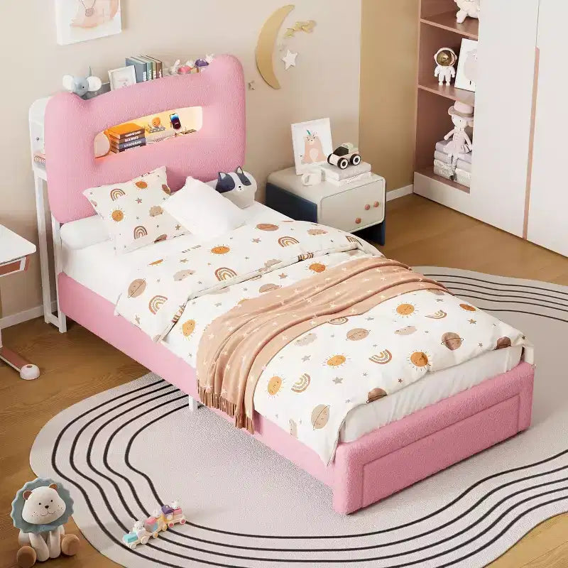 Twin Size Kids Bed Frame with LED Lights, Storage Headboard & Drawer, Pink