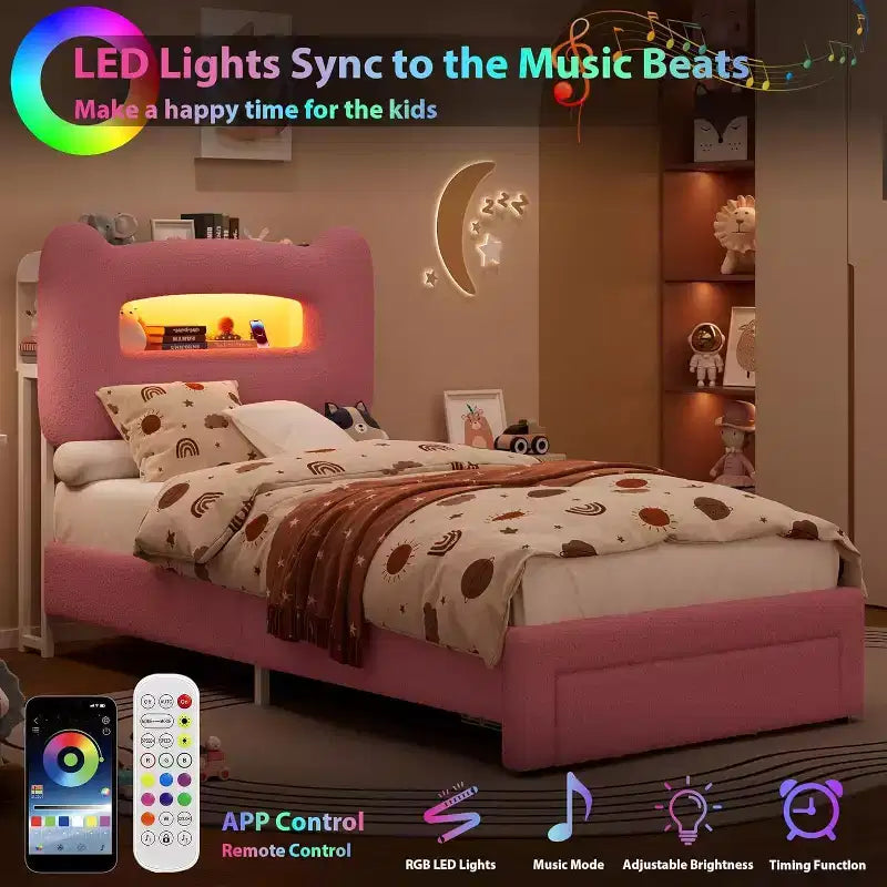 Twin Size Kids Bed Frame with LED Lights, Storage Headboard & Drawer, Pink
