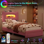 Twin Size Kids Bed Frame with LED Lights, Storage Headboard & Drawer, Pink
