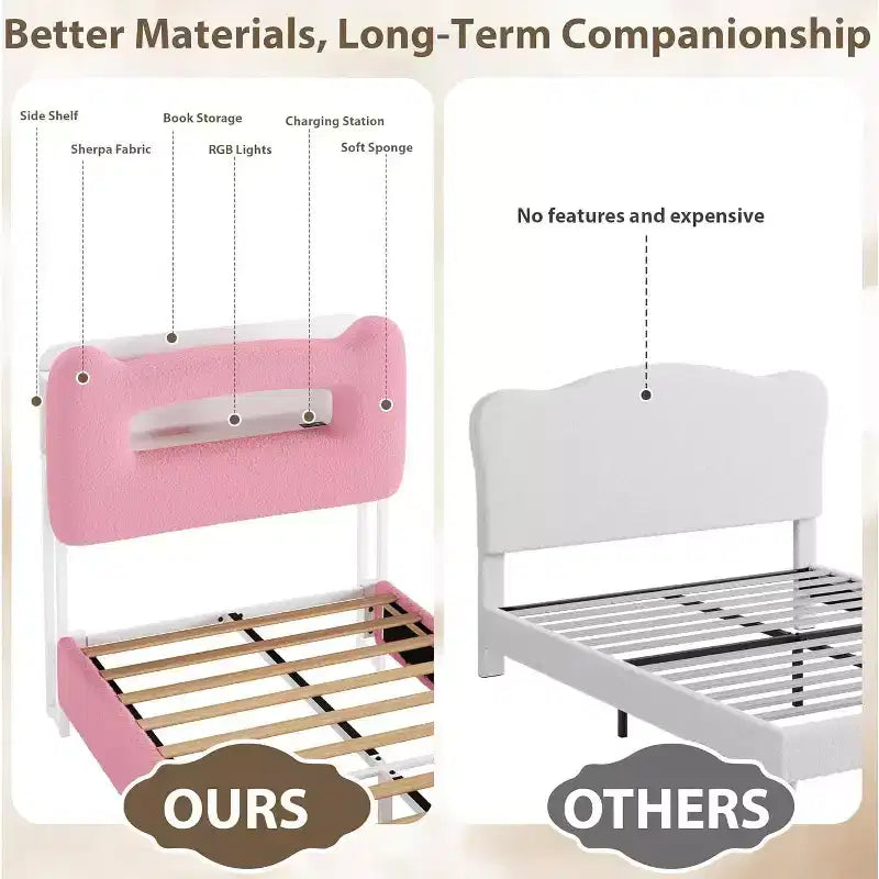 Twin Size Kids Bed Frame with LED Lights, Storage Headboard & Drawer, Pink