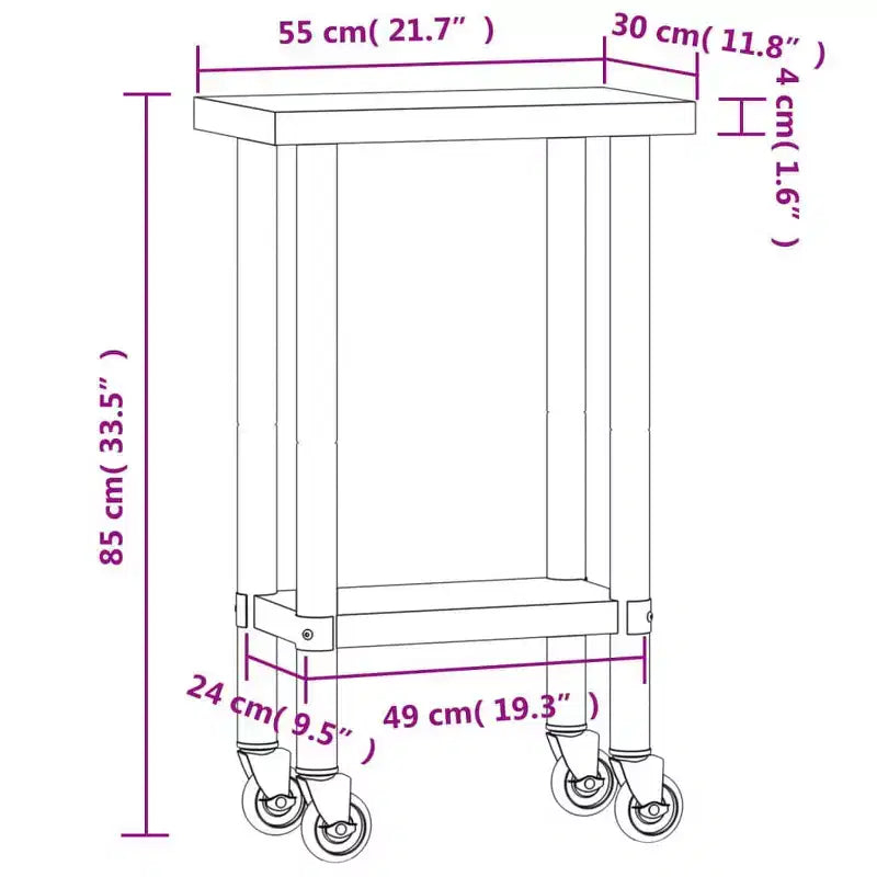 Tekerlekli Mutfak Çalışma Masası 32,5x11,8x33,5 Paslanmaz Çelik