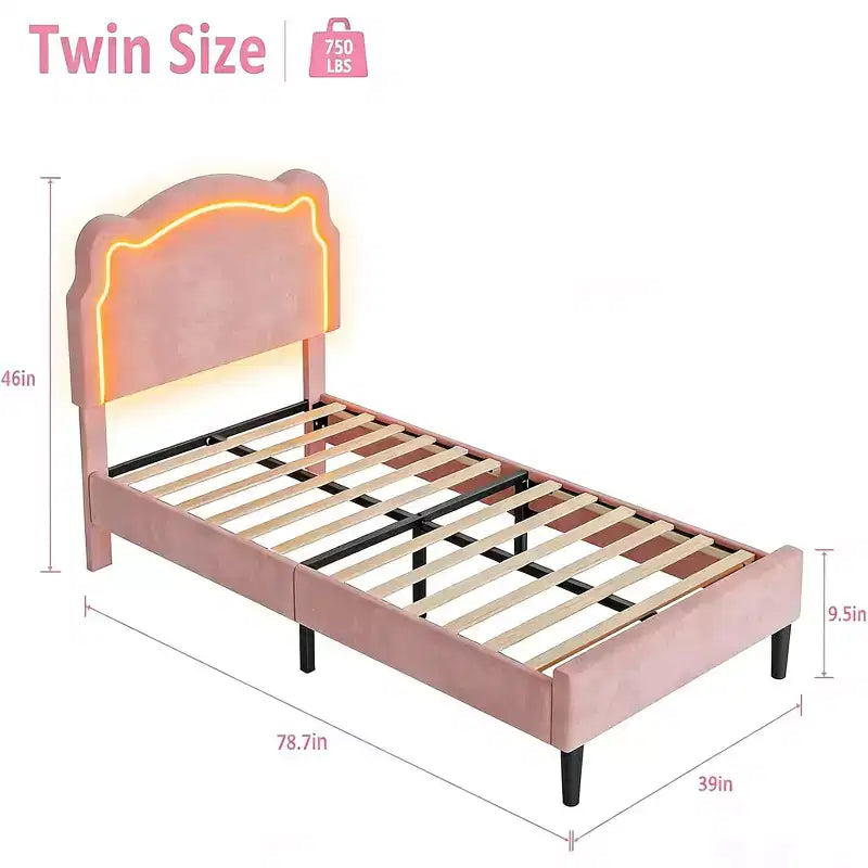 Twin Upholstered LED Bed Frame with Headboard for Kids