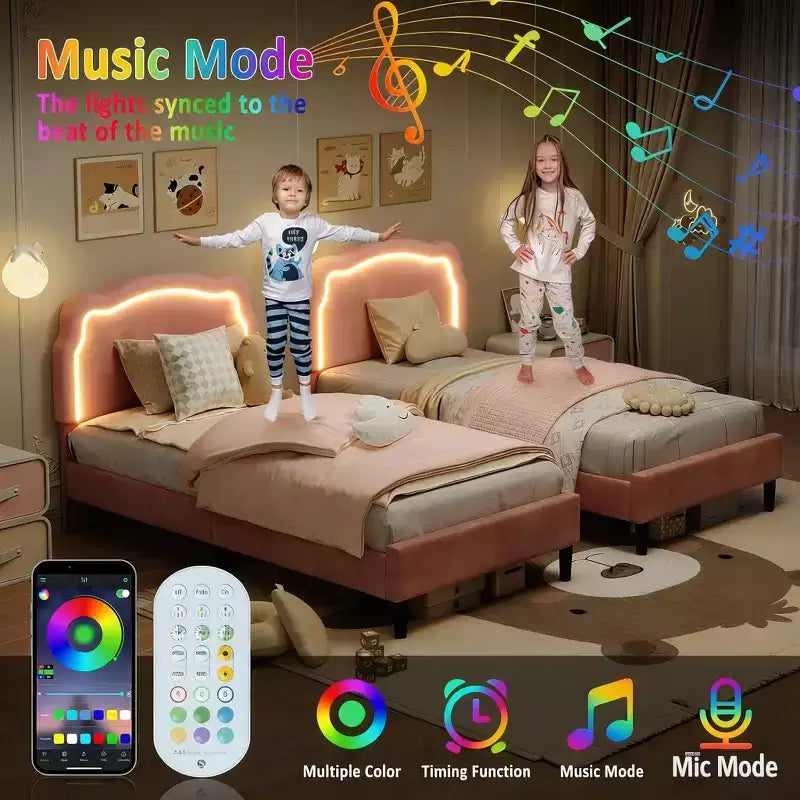 Twin Upholstered LED Bed Frame with Headboard for Kids