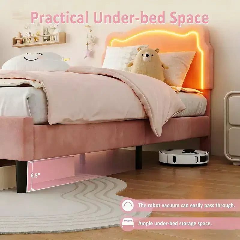 Twin Upholstered LED Bed Frame with Headboard for Kids