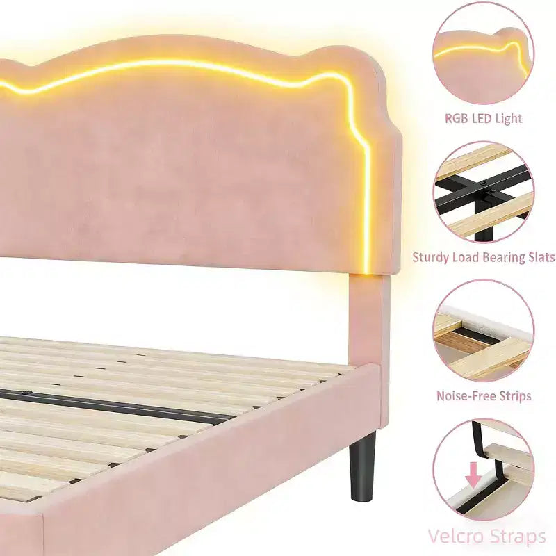 Twin Upholstered LED Bed Frame with Headboard for Kids