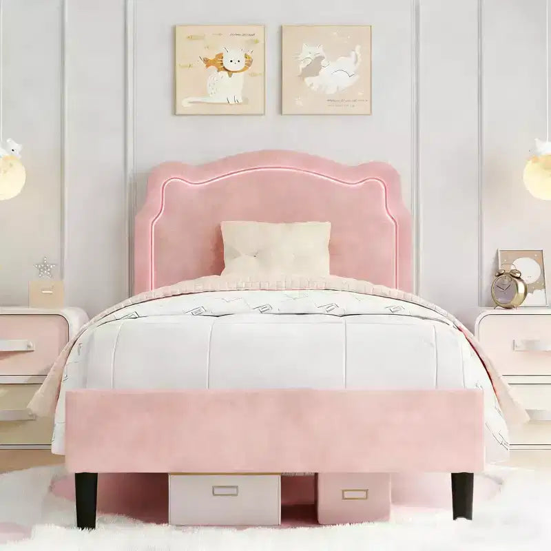 Twin Upholstered LED Bed Frame with Headboard for Kids