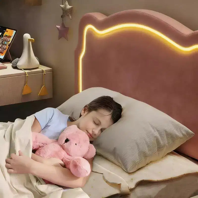 Twin Upholstered LED Bed Frame with Headboard for Kids