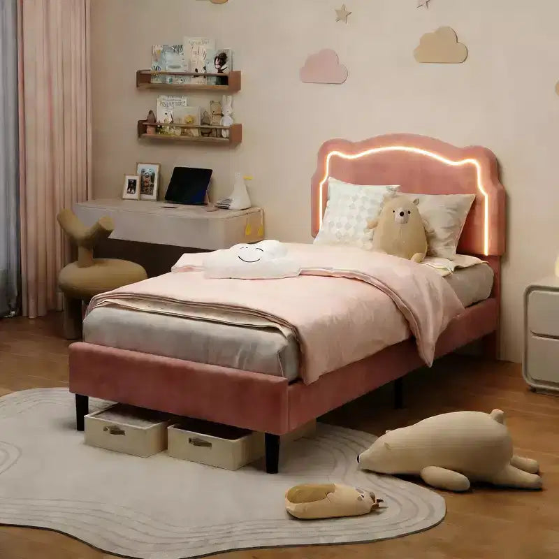 Twin Upholstered LED Bed Frame with Headboard for Kids