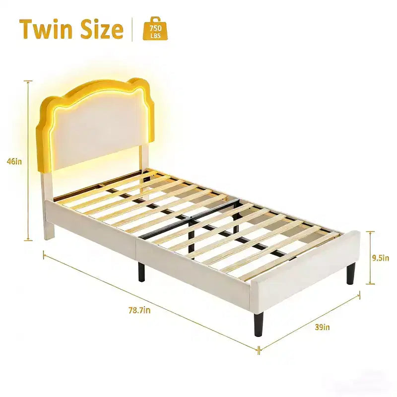 Twin Upholstered LED Bed Frame with Headboard for Kids
