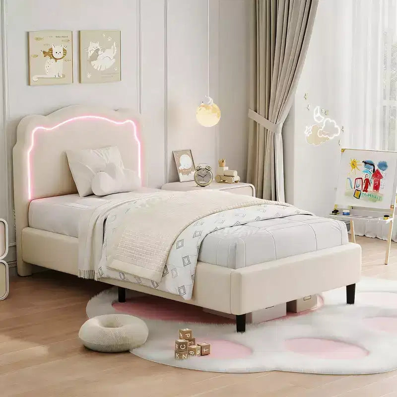 Twin Upholstered LED Bed Frame with Headboard for Kids