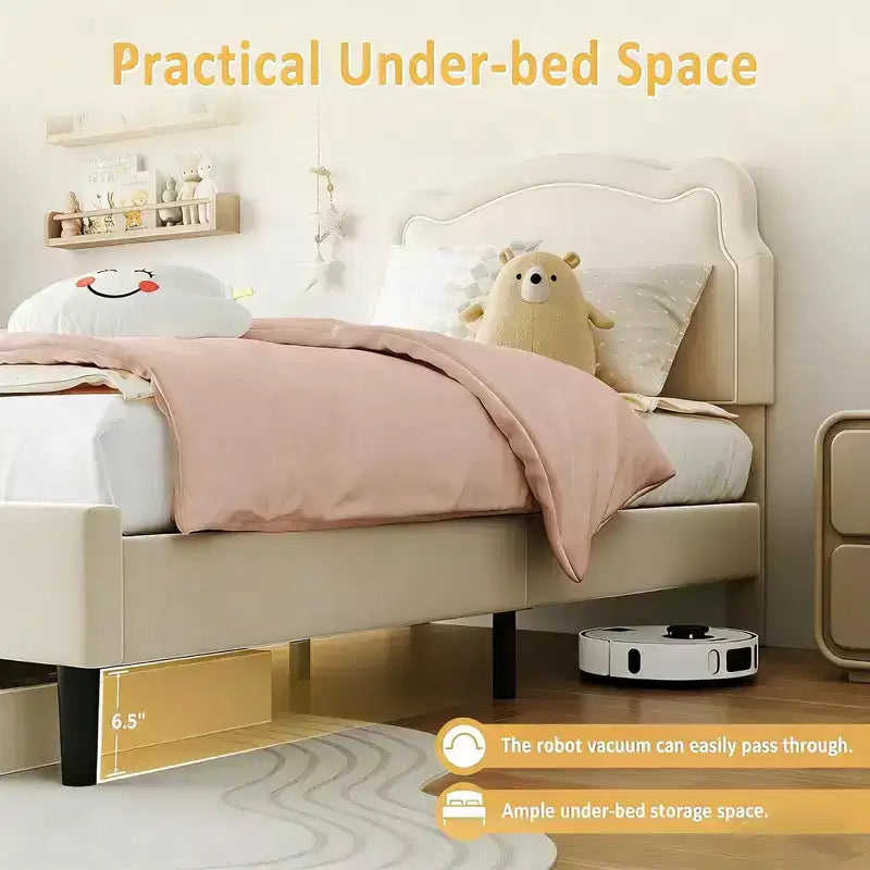Twin Upholstered LED Bed Frame with Headboard for Kids