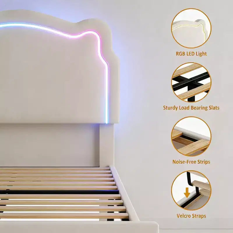Twin Upholstered LED Bed Frame with Headboard for Kids