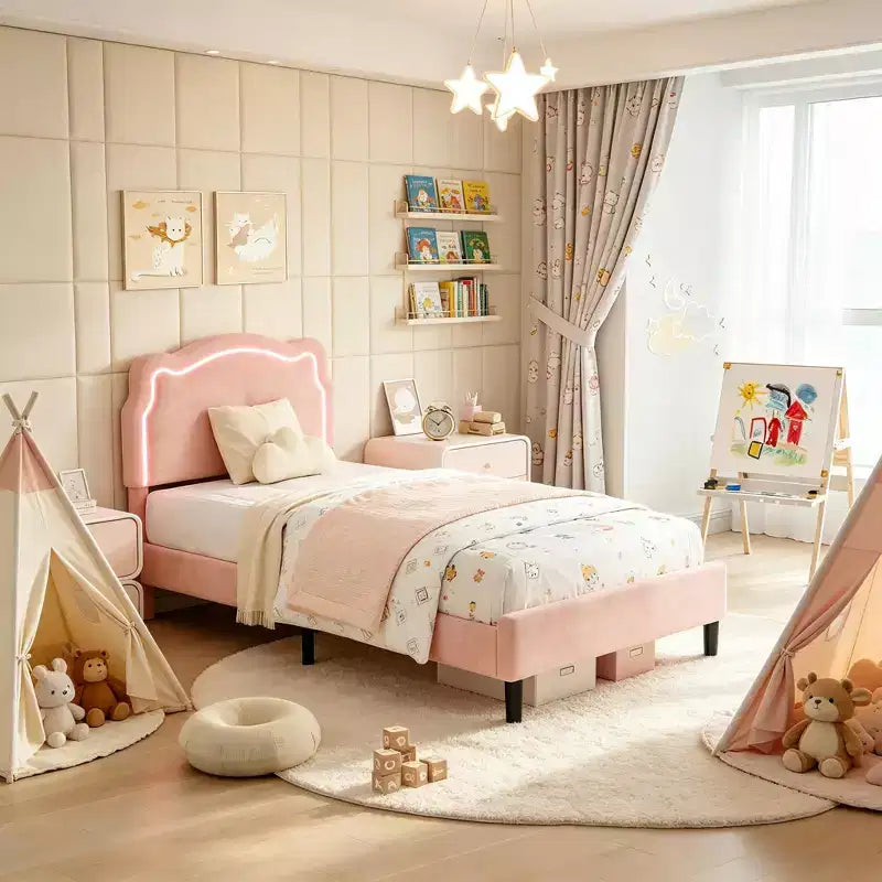 Twin Upholstered LED Bed Frame with Headboard for Kids