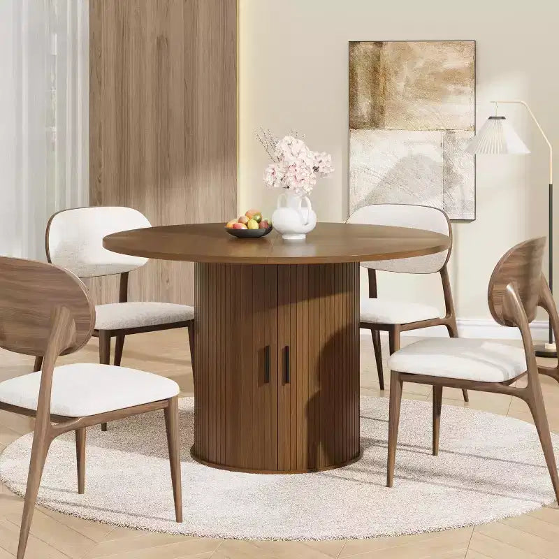 47 Round Modern Dining Table for 4 with 2-Tier Storage Shelf and Sliding Wood Door, Space-Saving Kitchen & Dining Room Table for Apartment