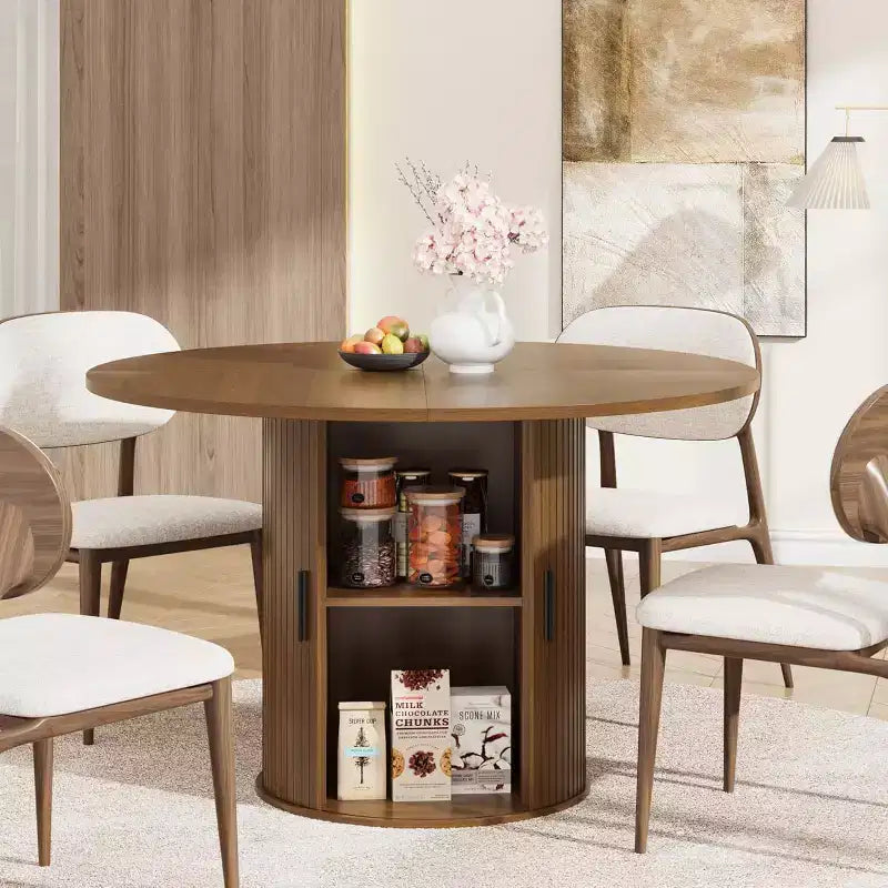 47 Round Modern Dining Table for 4 with 2-Tier Storage Shelf and Sliding Wood Door, Space-Saving Kitchen & Dining Room Table for Apartment