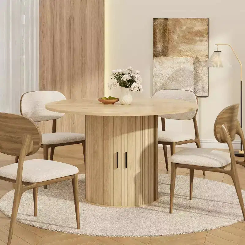 47 Round Modern Dining Table for 4 with 2-Tier Storage Shelf and Sliding Wood Door, Space-Saving Kitchen & Dining Room Table for Apartment