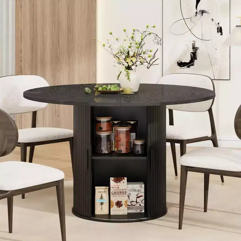 47 Round Modern Dining Table for 4 with 2-Tier Storage Shelf and Sliding Wood Door, Space-Saving Kitchen & Dining Room Table for Apartment