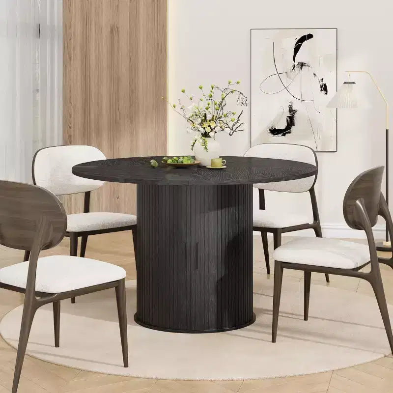 47 Round Modern Dining Table for 4 with 2-Tier Storage Shelf and Sliding Wood Door, Space-Saving Kitchen & Dining Room Table for Apartment