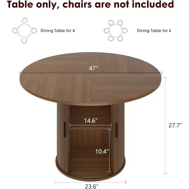 47 Round Modern Dining Table for 4 with 2-Tier Storage Shelf and Sliding Wood Door, Space-Saving Kitchen & Dining Room Table for Apartment