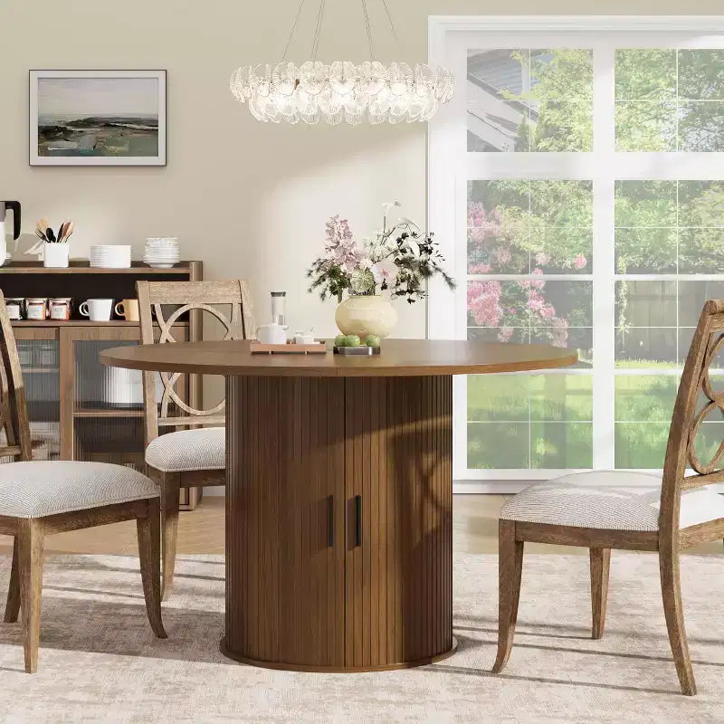 47 Round Modern Dining Table for 4 with 2-Tier Storage Shelf and Sliding Wood Door, Space-Saving Kitchen & Dining Room Table for Apartment