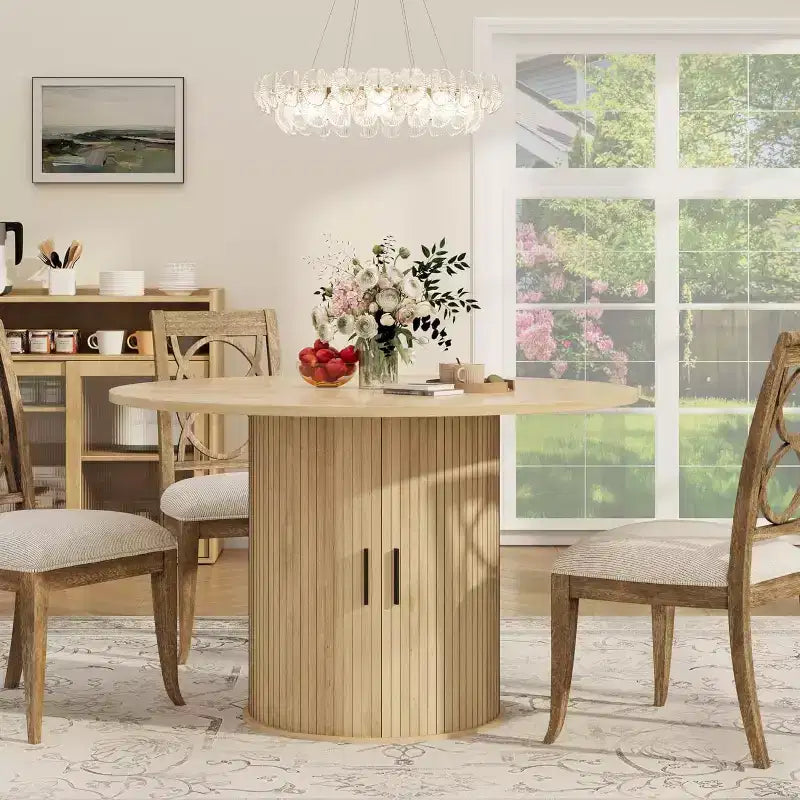 47 Round Modern Dining Table for 4 with 2-Tier Storage Shelf and Sliding Wood Door, Space-Saving Kitchen & Dining Room Table for Apartment