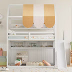 Full Size House Bed with Canopy and Slide for Kids, Wood Loft Bed with Built-in Bookshelves and Storage Staircase
