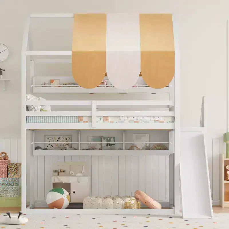 Full Size House Bed with Canopy and Slide for Kids, Wood Loft Bed with Built-in Bookshelves and Storage Staircase