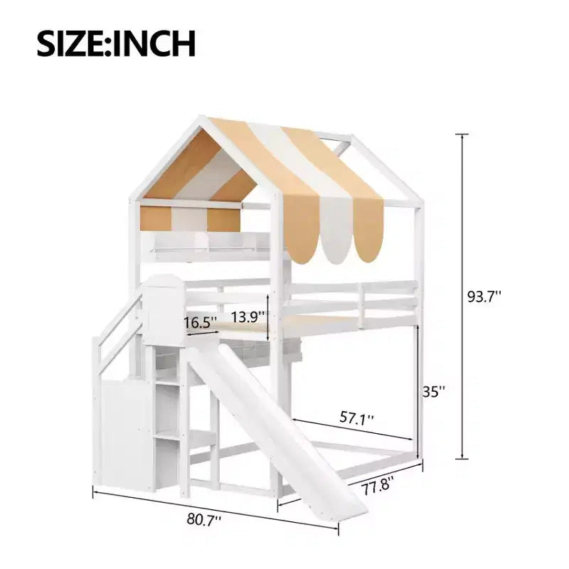 Full Size House Bed with Canopy and Slide for Kids, Wood Loft Bed with Built-in Bookshelves and Storage Staircase