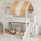 Full Size House Bed with Canopy and Slide for Kids, Wood Loft Bed with Built-in Bookshelves and Storage Staircase