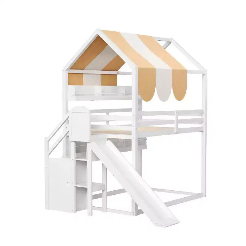 Full Size House Bed with Canopy and Slide for Kids, Wood Loft Bed with Built-in Bookshelves and Storage Staircase