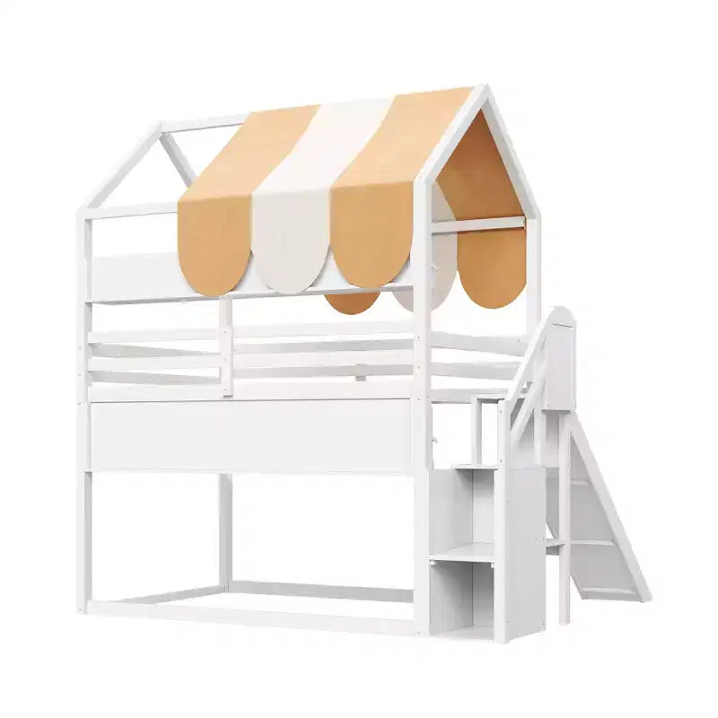 Full Size House Bed with Canopy and Slide for Kids, Wood Loft Bed with Built-in Bookshelves and Storage Staircase