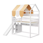 Full Size House Bed with Canopy and Slide for Kids, Wood Loft Bed with Built-in Bookshelves and Storage Staircase