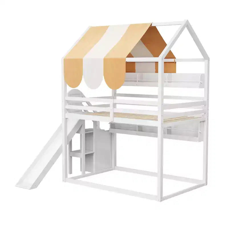 Full Size House Bed with Canopy and Slide for Kids, Wood Loft Bed with Built-in Bookshelves and Storage Staircase