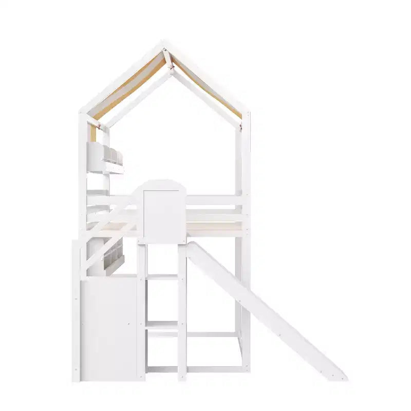 Full Size House Bed with Canopy and Slide for Kids, Wood Loft Bed with Built-in Bookshelves and Storage Staircase