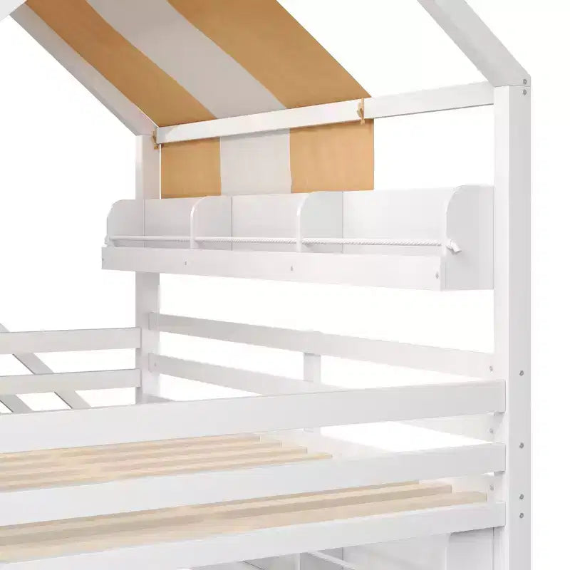 Full Size House Bed with Canopy and Slide for Kids, Wood Loft Bed with Built-in Bookshelves and Storage Staircase